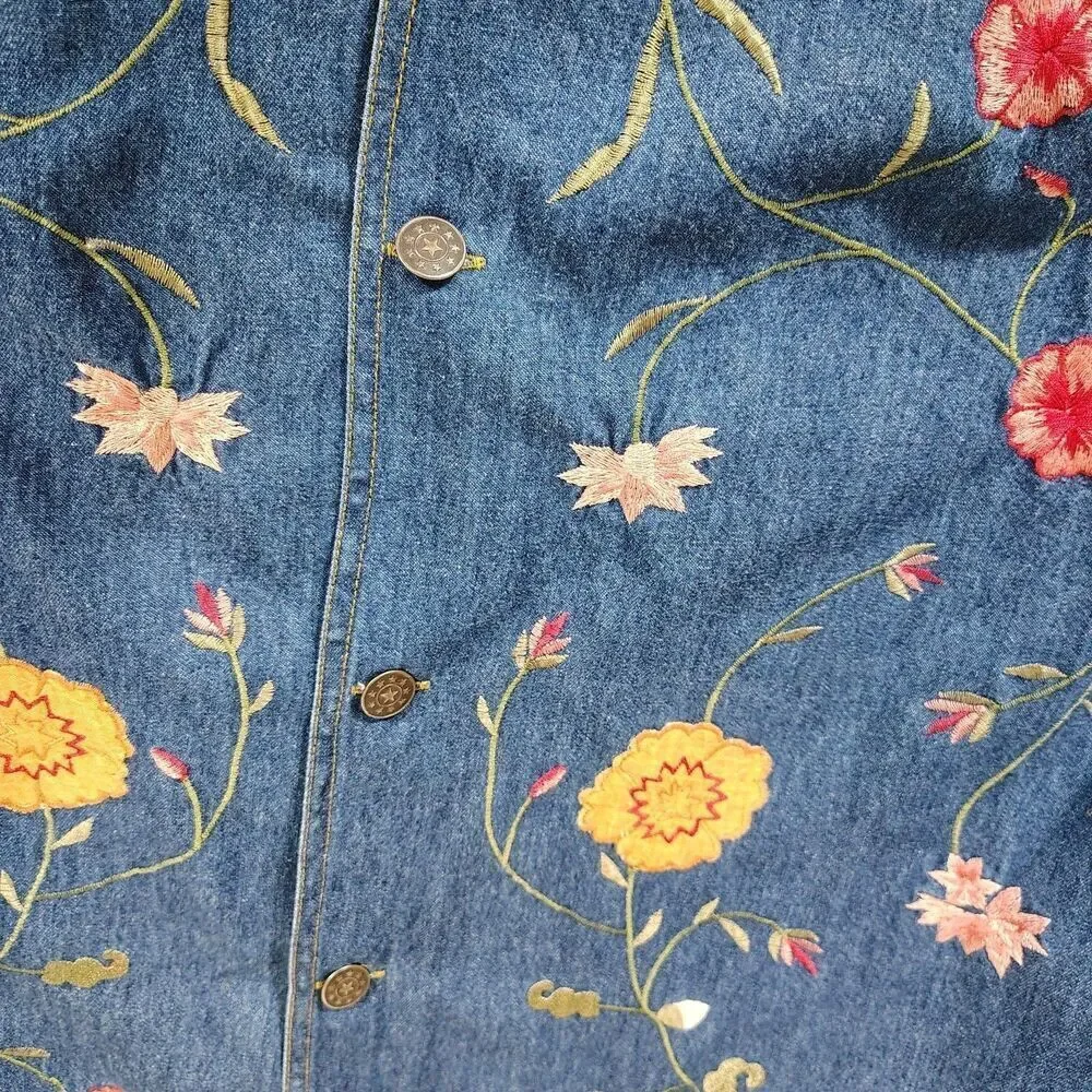 Vintage Embroidered Denim Shirt Jacket Womens 2X Floral Button Front Boho Folk - Picture 7 of 12
